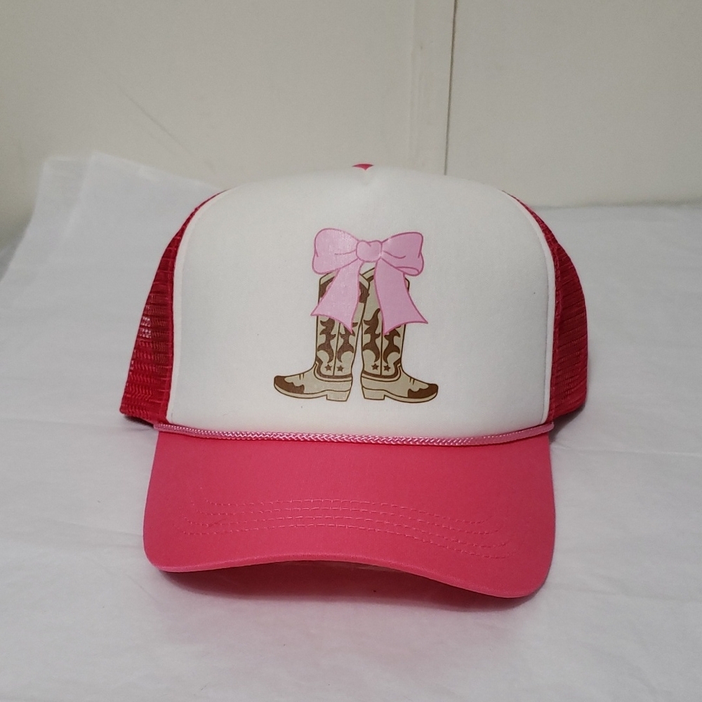 COWGIRL Pink and White Trucker Hat with Boots And Coquette Bow Design